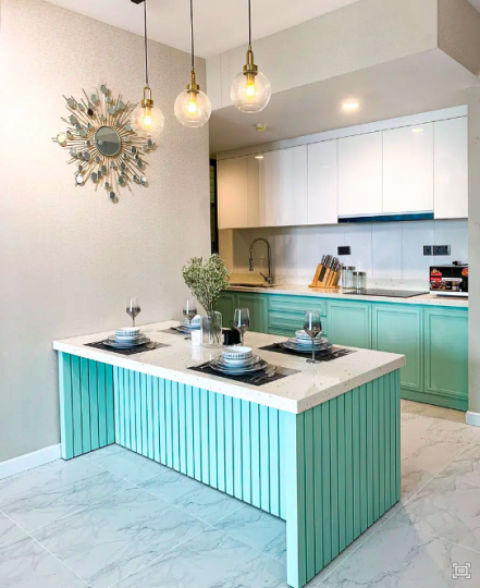 Căn hộ “chơi hệ” màu xanh mint: Phòng khách rộng thoáng, gian bếp tao nhã khỏi chê